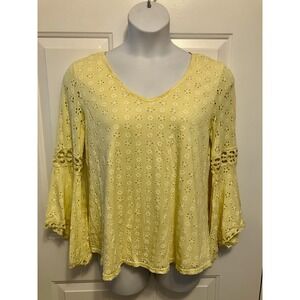 Women's Stem & Vine Bell Sleeve Sunny‎ Yellow Eyelet Sz Large Embroidered Shirt
